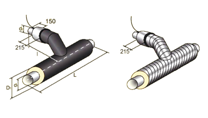 Тройниковое ответвление в ППУ изоляции с металлической заглушкой изоляции и кабелем вывода